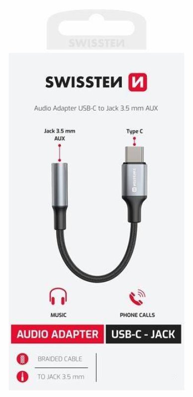 SWISSTEN redukce USB-C JACK 3,5mm textilní 0,15m černá