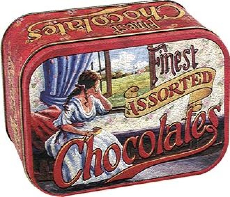 Plech.truhlička Chocolates dáma v okně