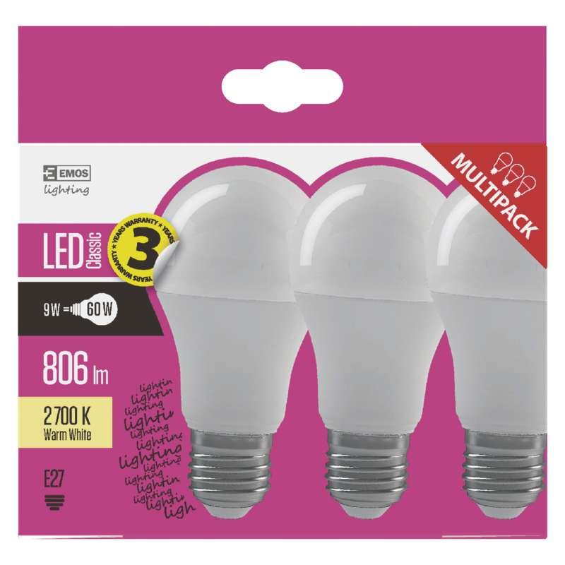 LED žárovka Classic A60 3KS / E27 / 8,5 W (60 W) / 806 lm / teplá bílá