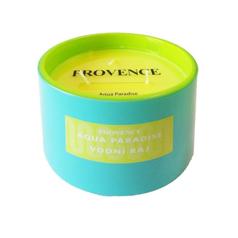 Svíčka ve skle 292g žlutá/tyrkys