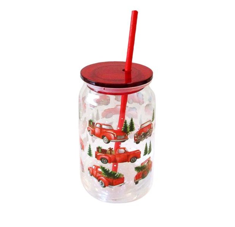 Sklenice s brčkem a víč.480ml vánoč.motiv